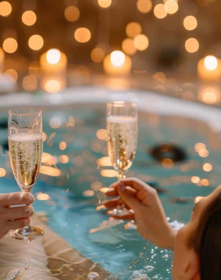 Détente en amoureux dans un jacuzzi privatif avec champagne – le luxe d’un week-end romantique proche de Paris.