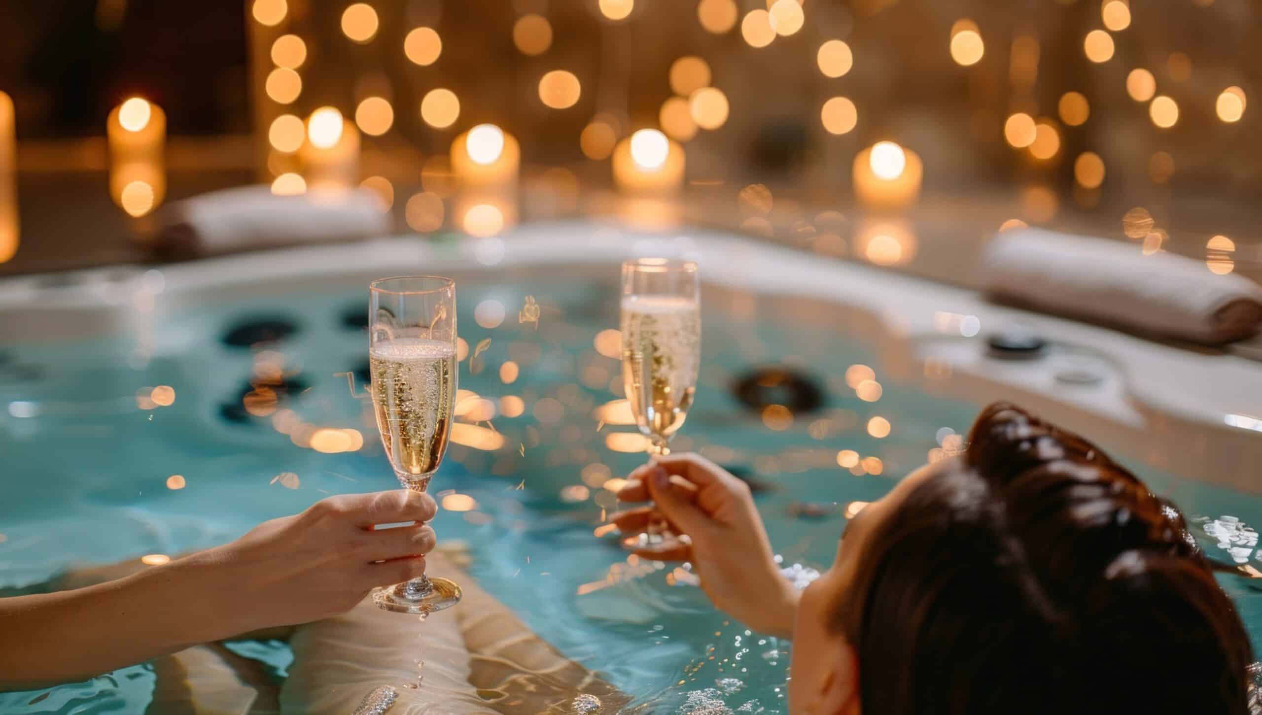 Détente en amoureux dans un jacuzzi privatif avec champagne – le luxe d’un week-end romantique proche de Paris.